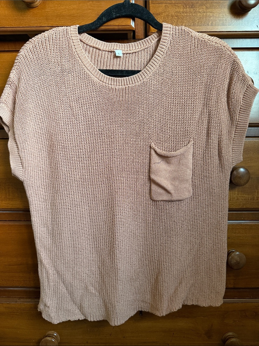 Washed Rose Knit Short Sleeve Sweater Top with Pocket
